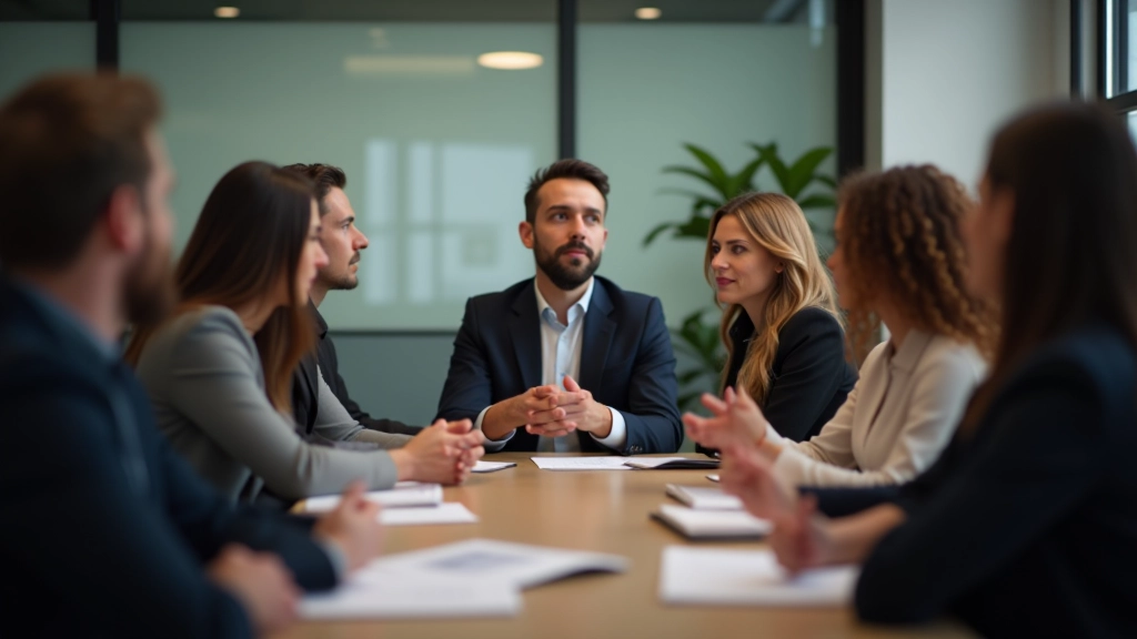 Diverse groep mensen in een teammeeting, allemaal actief luisterend en communicerend
