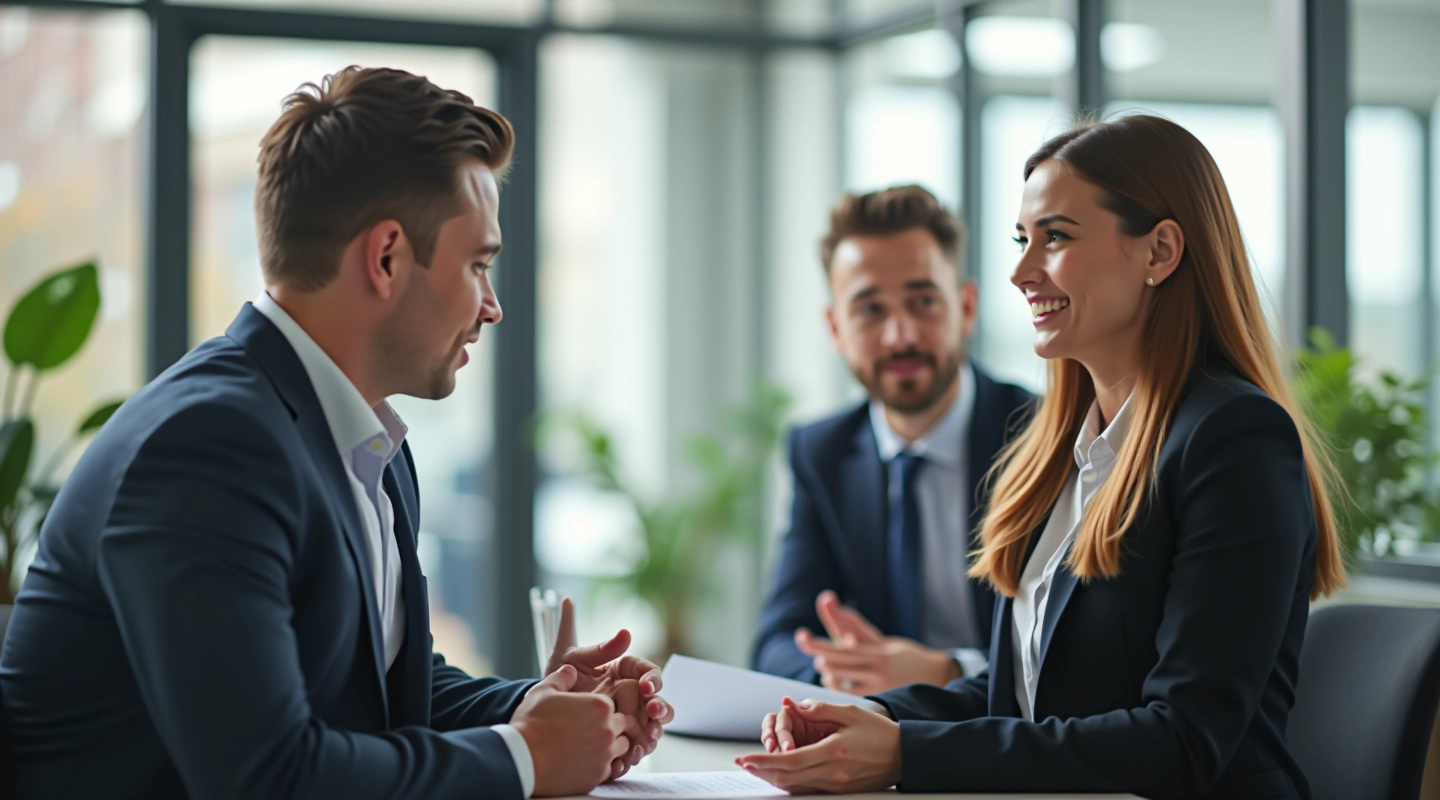 Twee professionals die een betekenisvol gesprek voeren in een heldere kantoor