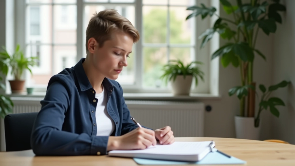 Persoon zit in rustige omgeving met notitieboek en pen, voorbereiding op een belangrijk gesprek, natuurlijk licht door raam