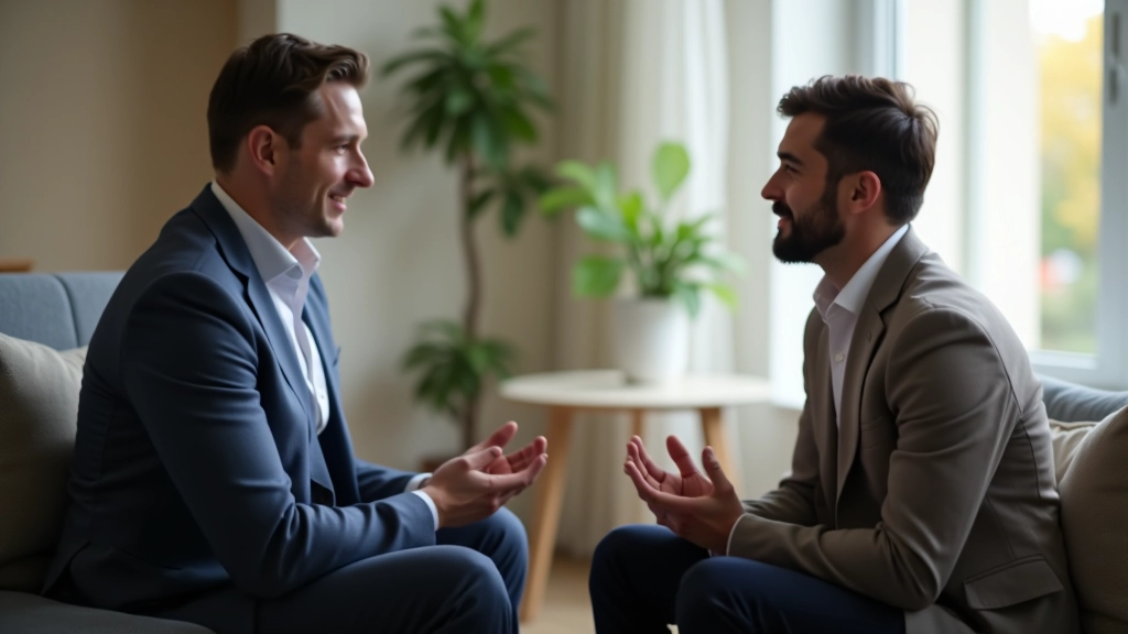Twee personen in een open gesprek met goede lichaamshouding, oogcontact en rustgevende atmosfeer