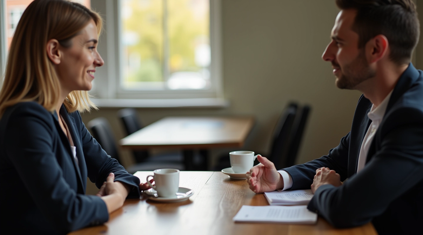 Twee mensen in gesprek aan een houten tafel met koffiekopjes, luisterend en pratend