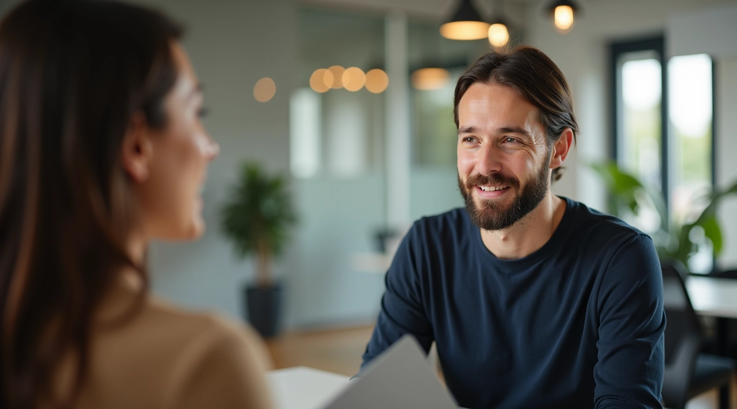 Twee professionals in respectvol gesprek, beide tonen aandacht en empathie in moderne kantoor omgeving