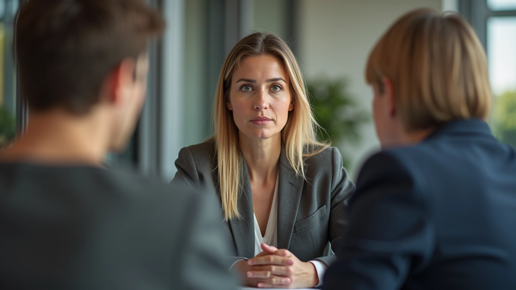 Vrouw die een gesprek voert met aandacht, gezichtsuitdrukking toont concentratie en empathie