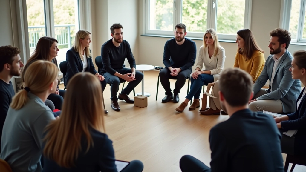 Workshop deelnemers zitten in cirkel en oefenen actief luisteren met elkaar